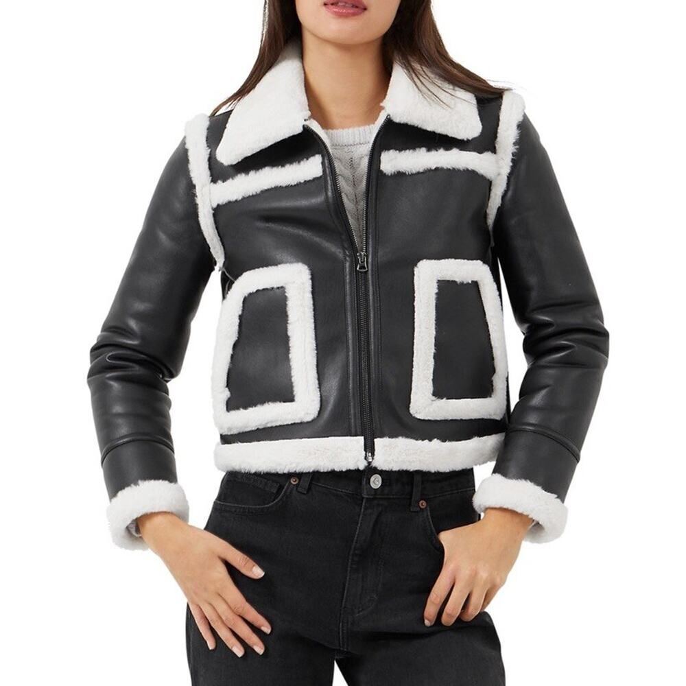 French Connection Faux Shearling Aviator Jacket Black White XL US 12